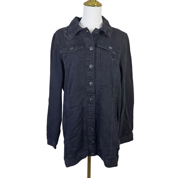 Ci Sono Distressed Long Black Denim Jacket US Women's L New - Picture 1 of 8